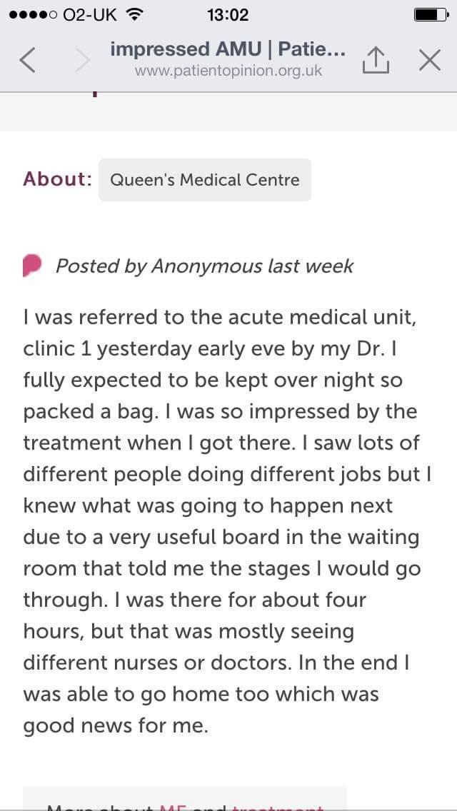 I've just got my work place to look at <a href="/patientopinion/">Patient Opinion</a> Good positive feedback from patient's on our ward #QMC