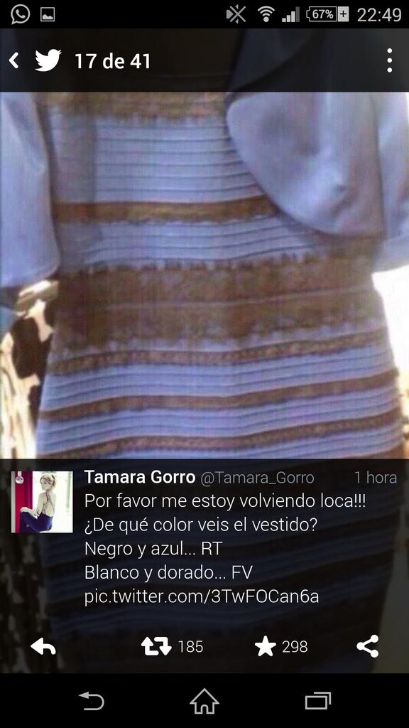 MarKunstar's tweet photo. #TheDress depende de la resolución de la pantalla. En la parte negra (del twitt) se ve azul y el resto blanco http://t.co/qUql8Sx23S