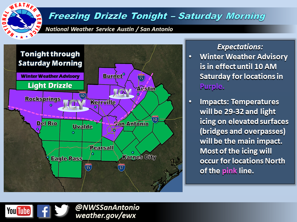 A winter weather advisory has been issued for locations in purple. Primary impacts will occur N of the pink line.