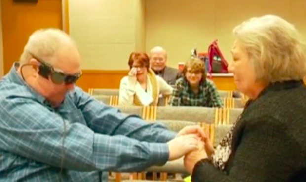 verge's tweet image. Watch a blind man use a bionic eye to see his wife for the first time in a decade theverge.com/e/7867724