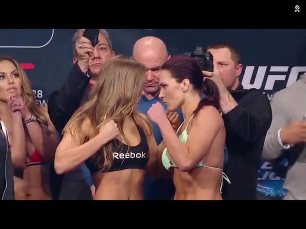 themmatriangle's tweet photo. Great staredown and a huge main event tomorrow night #ufc #ufc184 #wmma #mma @CatZingano @RondaRousey http://t.co/ahemMPI9OK