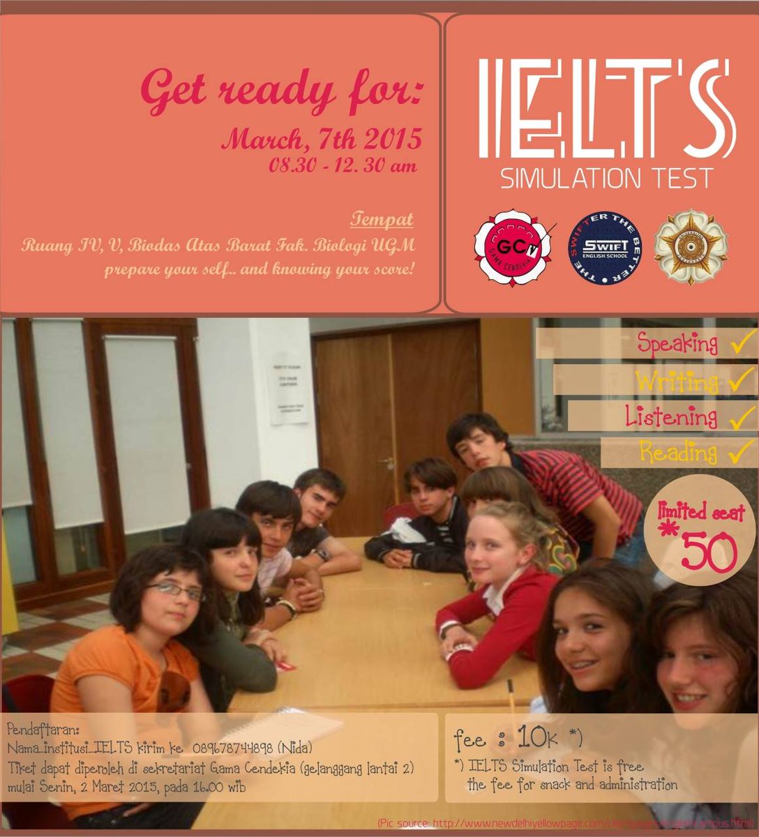 GamaCendekiaUGM's tweet photo. GRAB IT FAST! IELTS Simulation | Sat, March 7th 2015 at Fak. Biologi UGM | IDR 10 k | further info NIDA: 089678744898 http://t.co/oWmcf2c0GM