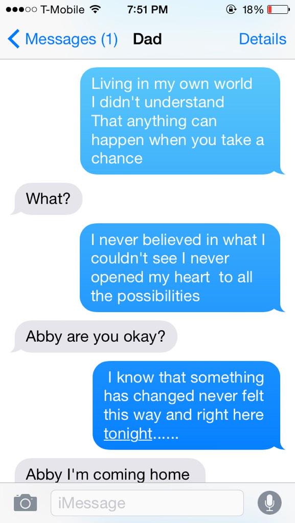 abby_ruhland's tweet photo. I sent the lyrics to 'The Start of Something New' from High School Musical to my dad http://t.co/tdOvf2eVyJ