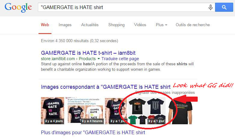 Rinkusgrrl's tweet photo. @Cyborgwolf Googled GAMERGATE IS HATE SHIRT from FRANCE RT & Follow @LolDairy GG making a difference #GamerGateIsLove http://t.co/yw4ZjxqjKd