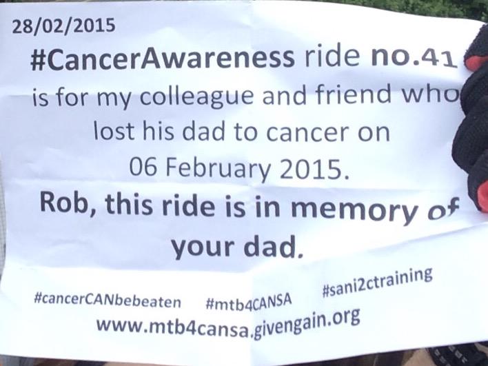 GerhardduToit08's tweet photo. My 34km #mtb4cansa ride this morning #sani2ctraining #CancerAwareness #RobertCubbinSnr #RIP #strava @ddekock9 @CANSA http://t.co/jydtxQ4D5A