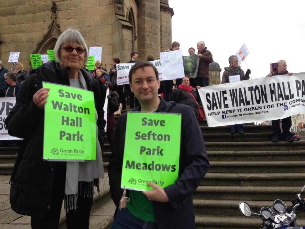 MartinDobsonGP's tweet photo. David Morgan and Jean Hill at the Green Spaces Demo @LiverpoolGreens http://t.co/gKPDtMyep8
