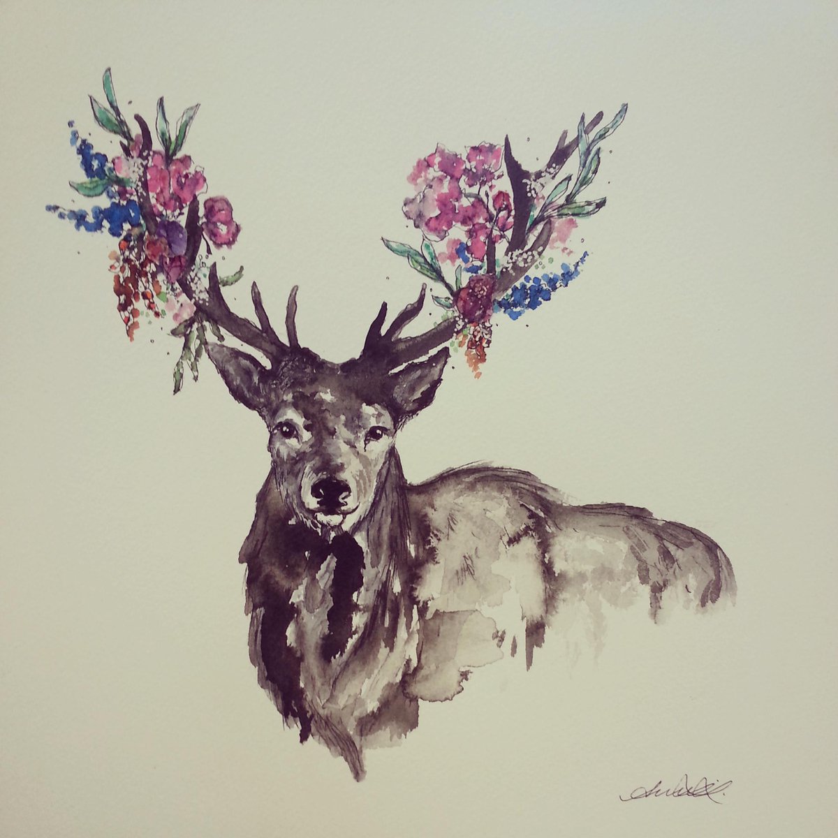 Amy Singer Art at CloudyBlue. My usual inky stag but this time feminised with a floral colour pop!