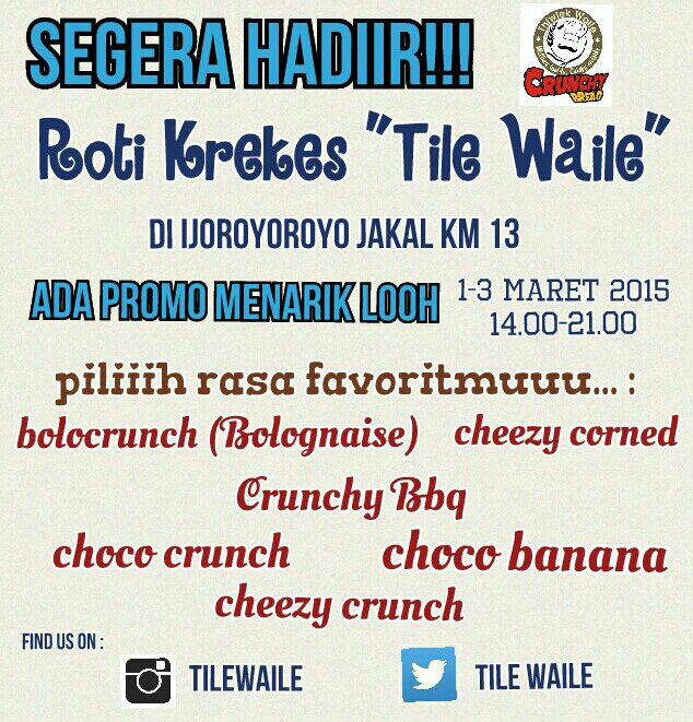 RT <a href="/tilewaile/">Tile Waile</a> Roti tile bakal nongkrong di dpn ijoroyoroyo jakal km 13 hari minggu ini dan seterusnya guys..see you
