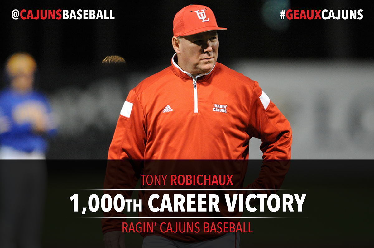 RaginCajunsBSB's tweet photo. Congrats to head coach Tony Robichaux for his 1,000th career victory with the 6-5 defeat of Alabama! #GeauxCajuns http://t.co/aPrIdtH4e0