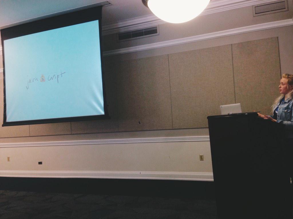 carolinebholmes's tweet photo. My sister Helen doing an intro to #javascript tech talk at #hackuva ππ» http://t.co/SgNOABOcBv