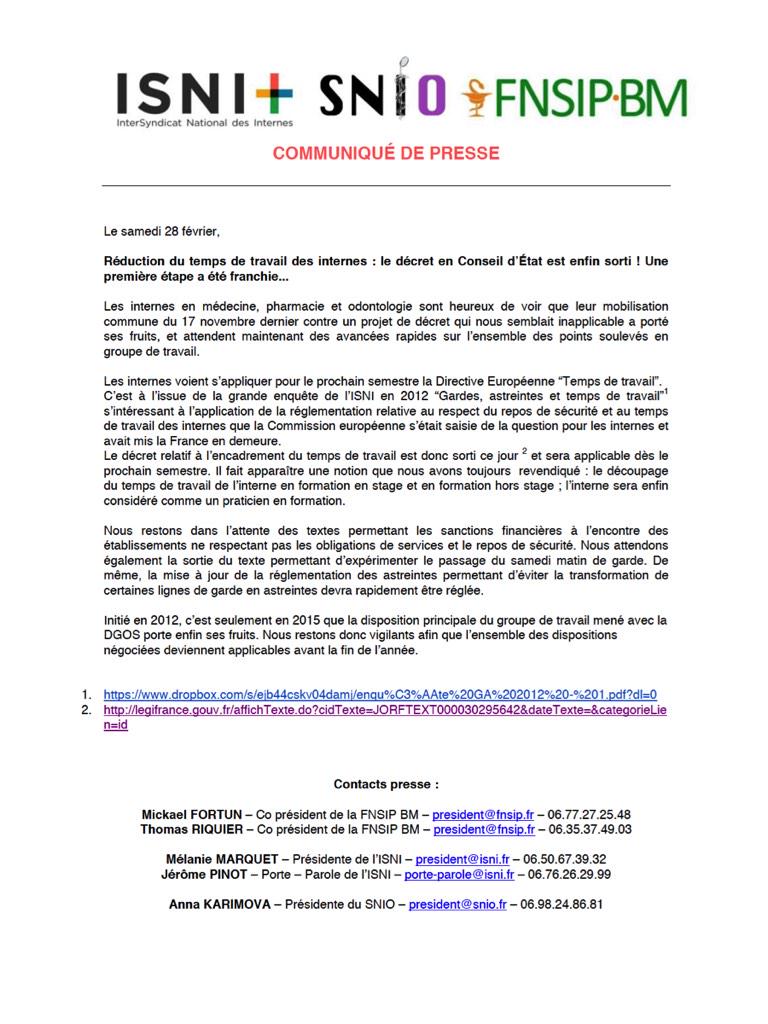 fnsip_bm's tweet photo. Decret relatif au #tempsdetravail des #internes : enfin sorti, ms ce n'est pas fini ! @ISNItwit #SNIO @Ordre_Pharma http://t.co/4QRsSl0Aph