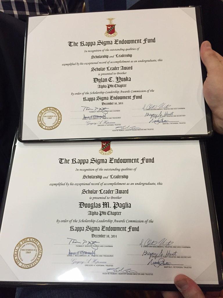 KSigBucknell's tweet photo. Congratulations to Brothers Yuska and Paglia on winning the Scholar Leader Award at #GSMD2015 #aekdb #dominate http://t.co/0uSUnTSvjV