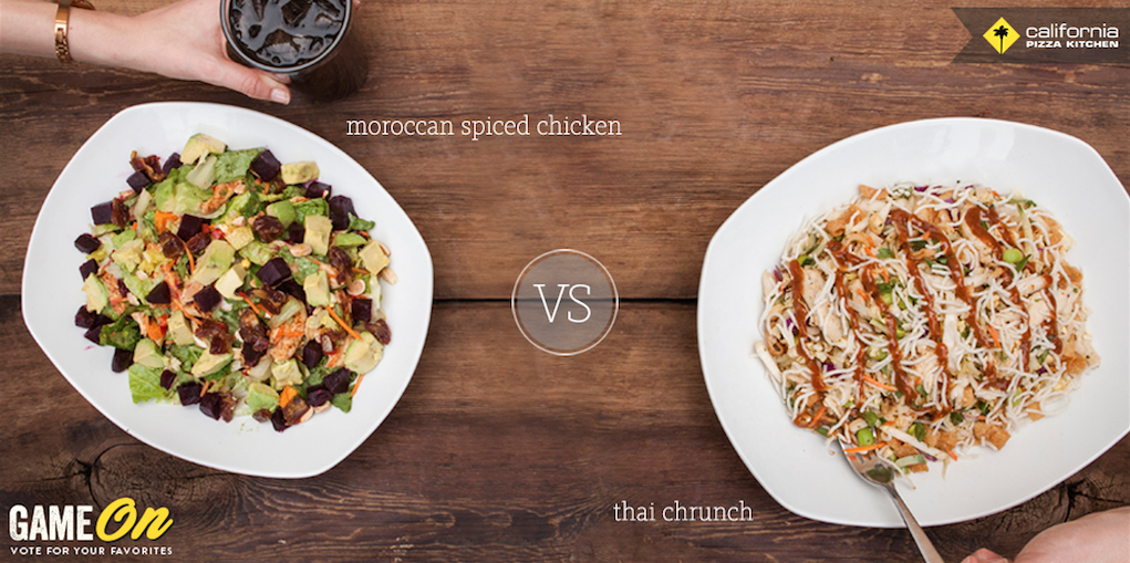 calpizzakitchen's tweet photo. Which exotic fave will move on to Round 2? Thai Chicken VS Moroccan-Spiced Chicken. GAME IS ON! #CPKgameon http://t.co/JmwON8FZRV
