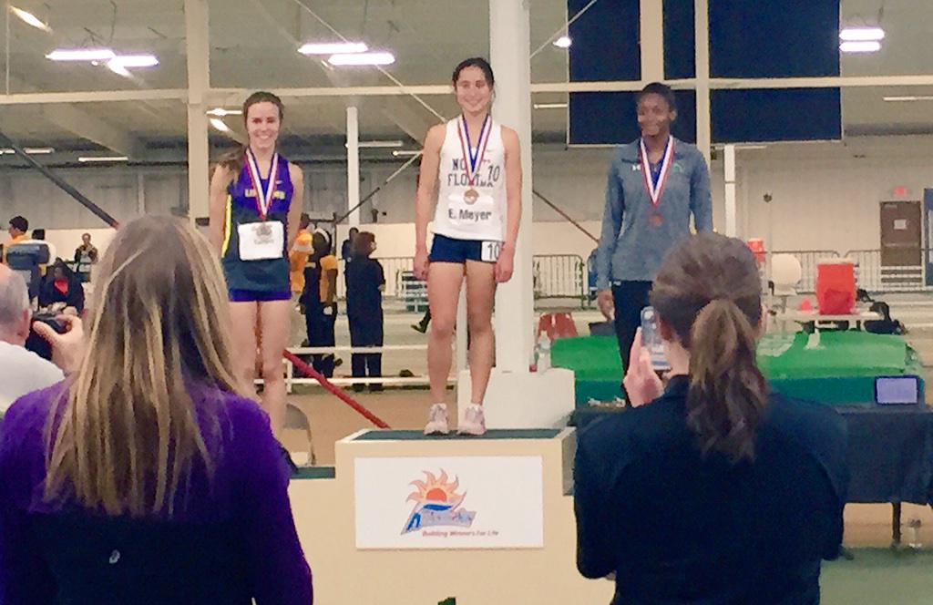 The Freshman Phenom! Eden Meyer runs away with the gold in the #ASunTF 3K in 9:42 #Swoop