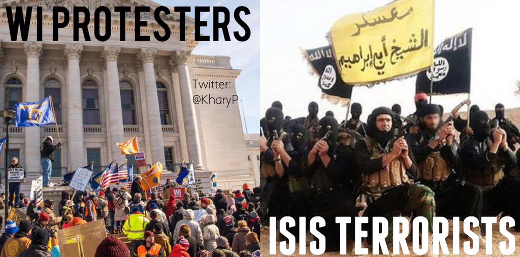 UniteBlueWI's tweet image. WI PROTESTORS
vs
ISIS TERRORISTS 
See the difference Scott Walker? #wISIS #WrongForWI #UniteBlue