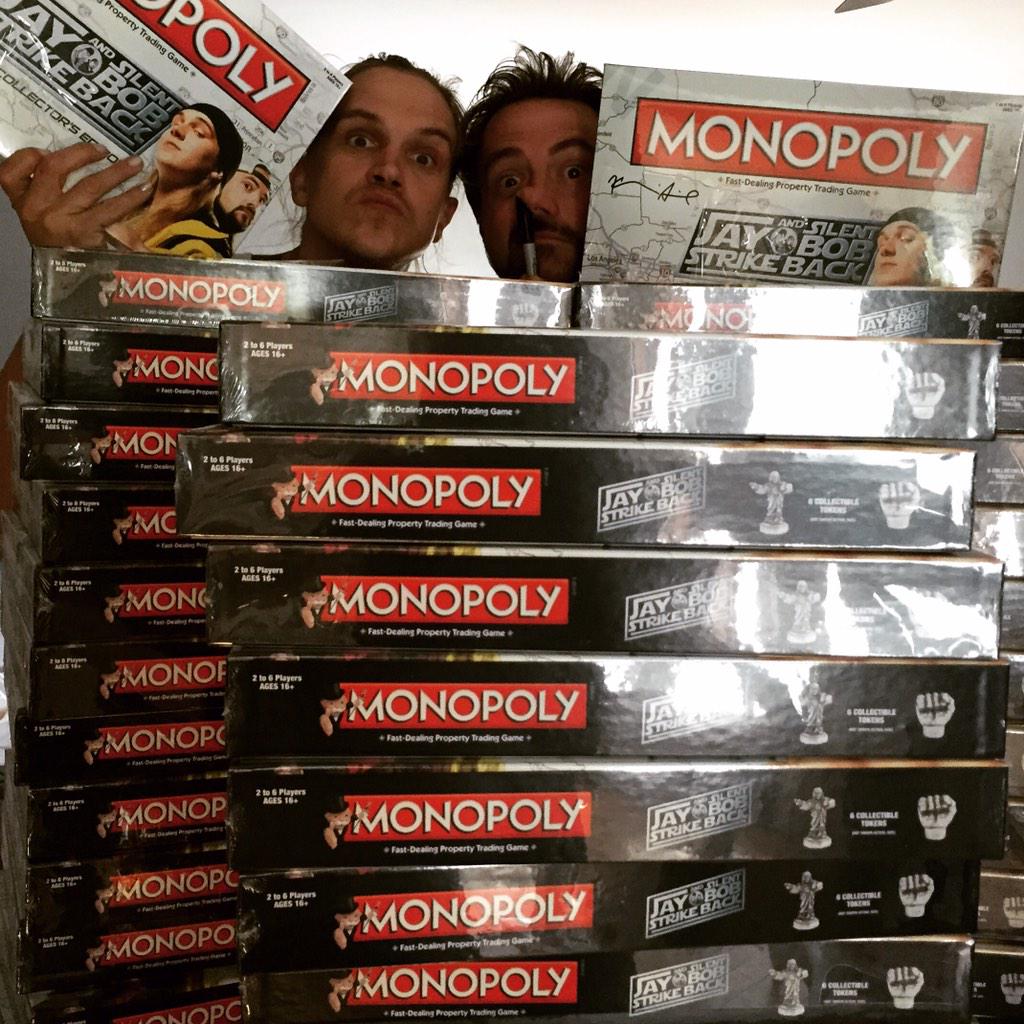ThatKevinSmith's tweet photo. Me &amp; @JayMewes putting our fat John Hancocks all over these Jay &amp; Silent Bob Monopoly games (available at The Stash). http://t.co/MBCbrriDDK