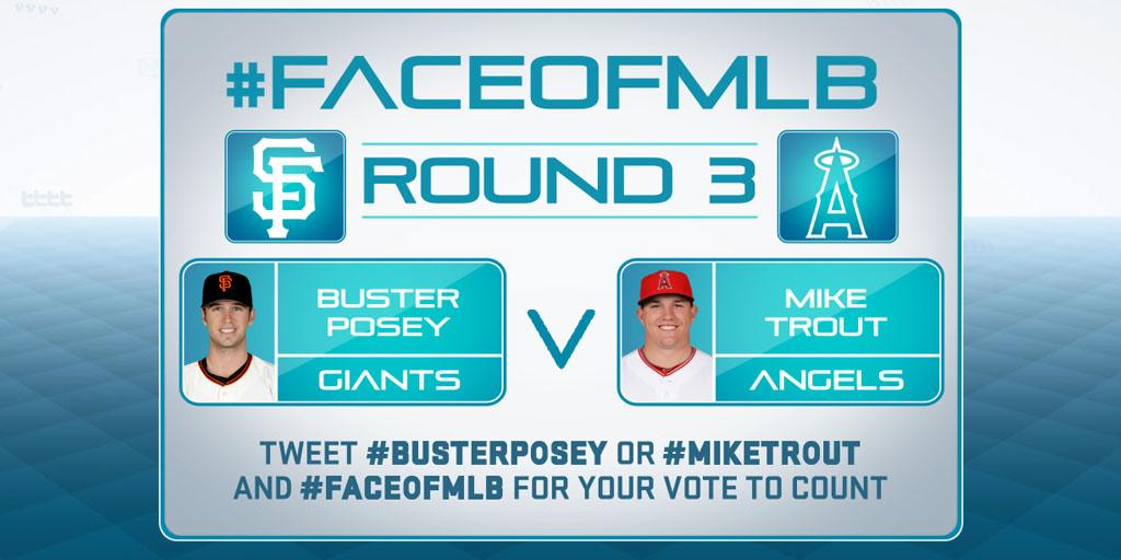 MLBNetwork's tweet photo. It's a west coast battle between @BusterPosey and @Trouty20! Tweet #BusterPosey or #MikeTrout w/ #FaceOfMLB to vote http://t.co/tRWVlTH6rW