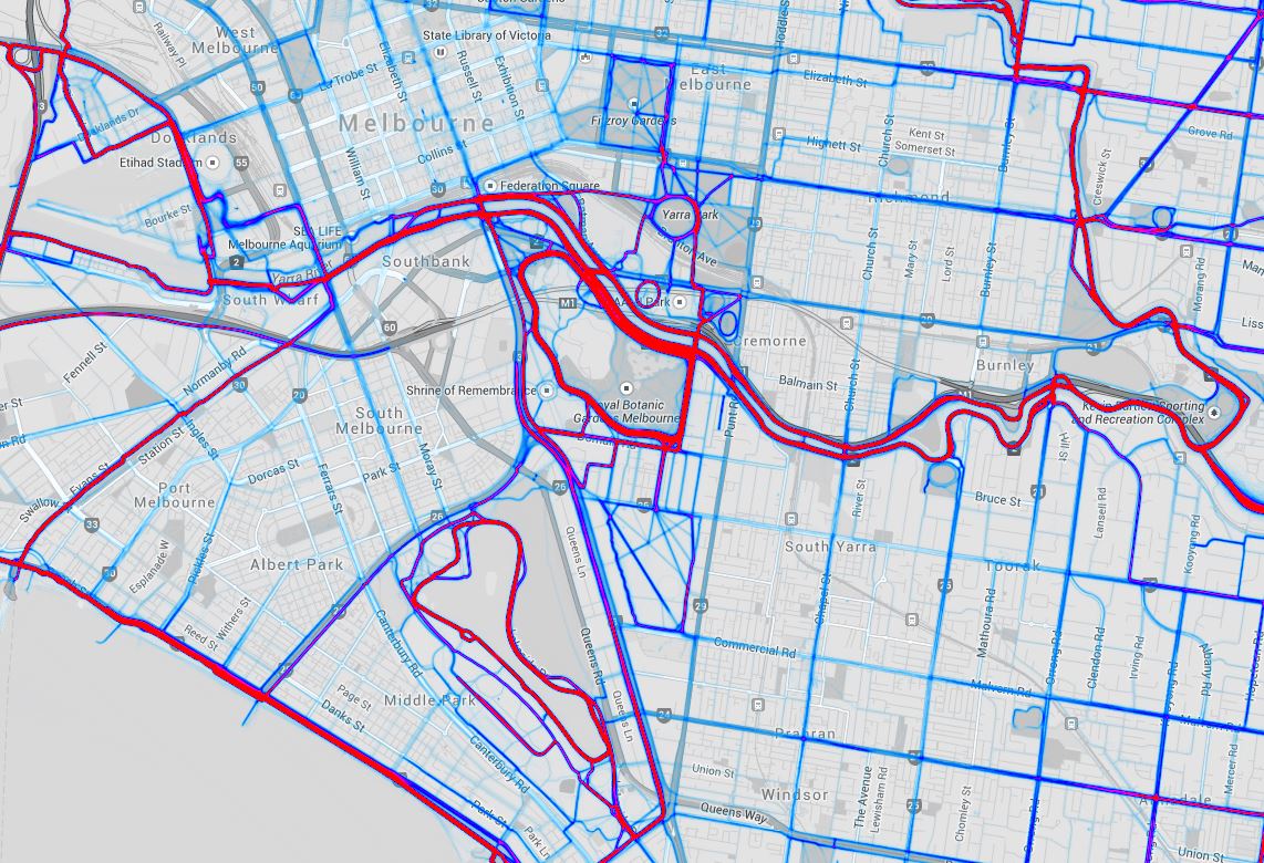 theage's tweet photo. #GRAPHIC Heat map shows Melbourne's most popular cycling &amp; running routes http://t.co/qE4RzHQVgJ http://t.co/z7eK8KYPbJ