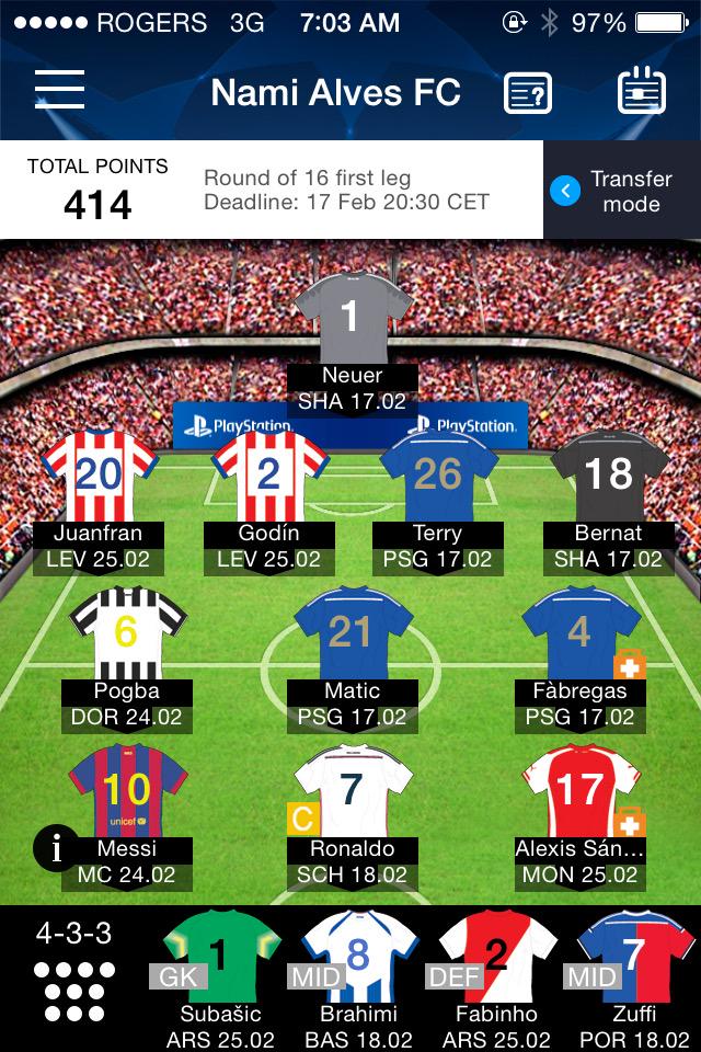 namujyoon's tweet photo. My @ChampionsLeague XI for Round of 16 first leg, 7th in Canada atm! Took out Son last min :( #UCL #ChampionsLeague http://t.co/oROzIADdhk