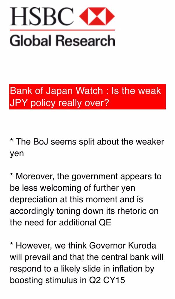xiaomen's tweet image. HSBC: Japan gov is toning down rhetoric on the need for additional QE while the BoJ seems split about the weaker yen.