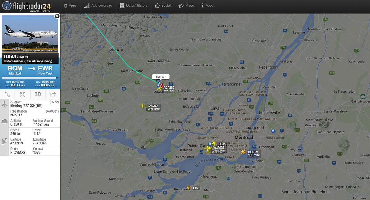 newsguyusa's tweet photo. MT @flightradar24: #UA49 from Mumbai to Newark diverting to Montreal http://t.co/rY7JnIBvu1 http://t.co/BLb0Qf9Ht5