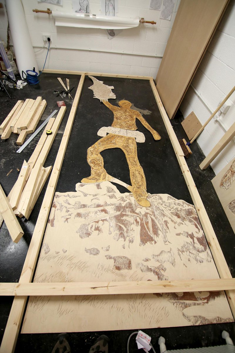 PrintRestraint's tweet image. The blocks take up the entire width of the room! #Woodcut #printmaking