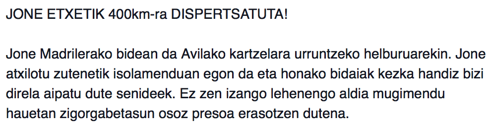 JoneLibre's tweet photo. JONE ETXETIK 400km-ra DISPERTSATUTA! http://t.co/Xywtv7eus1