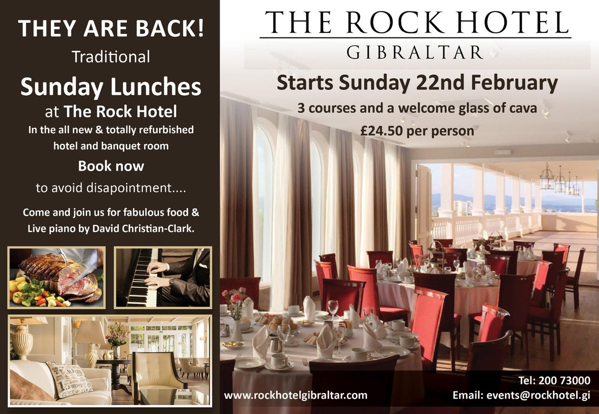 OUR SUNDAY LUNCHES ARE BACK! 200 73000 event@rockhotel.gi
Book to avoid disappointment.#rockhotelgibraltar