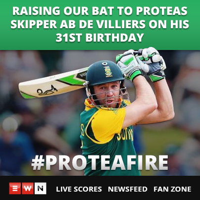 EWNsport's tweet photo. #Proteas Happy Birthday @ABdeVilliers17. #31NotOut #CWC15 http://t.co/nihawHpjJu