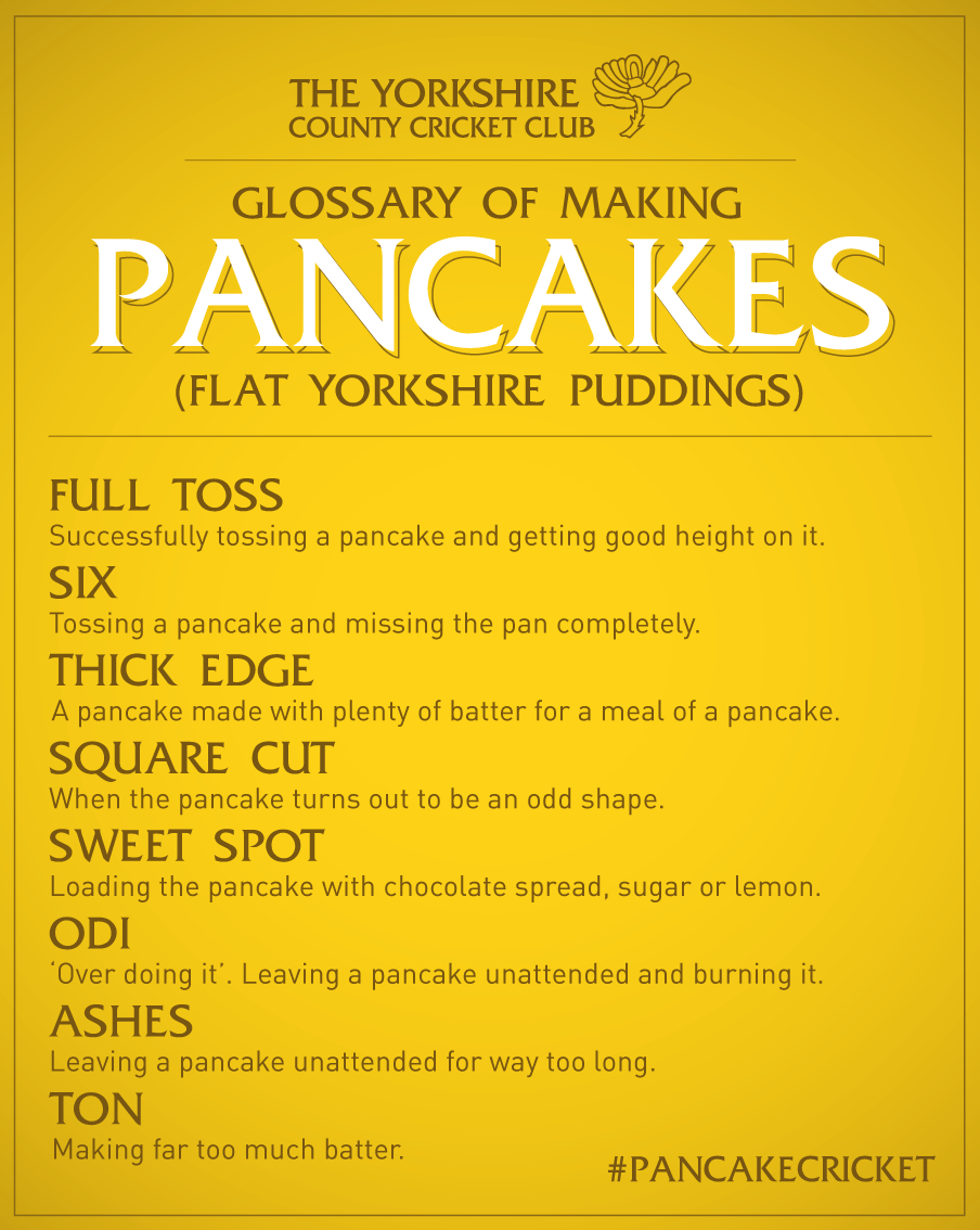 Happy #PancakeDay! Can you add to our glossary of pancake making terms? #PancakeCricket #YCCC