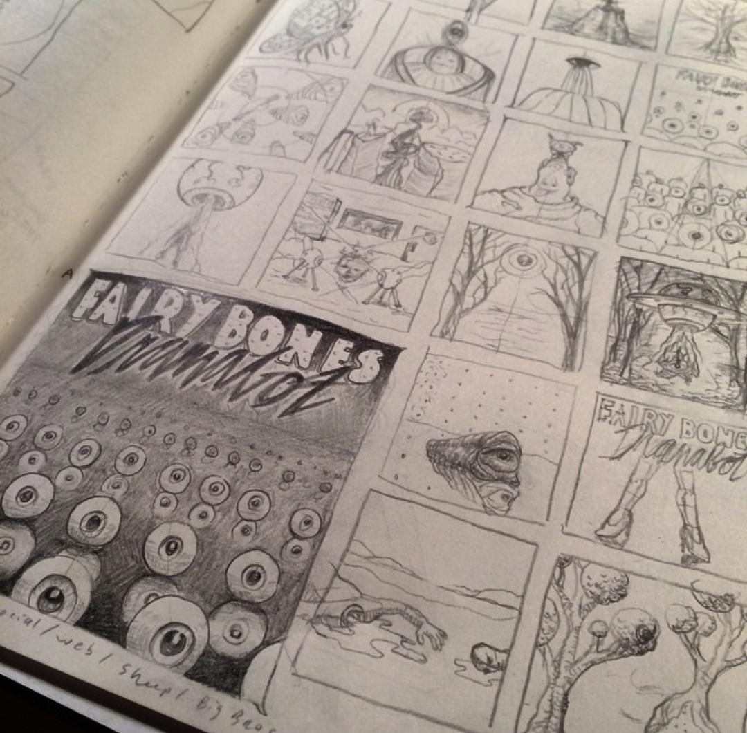 fairybonesmusic's tweet photo. Our amazing cover artist @teddypancake and his preliminary sketches for #Dramabot. So cool. 👏👏👏 http://t.co/XpISmhQ94d