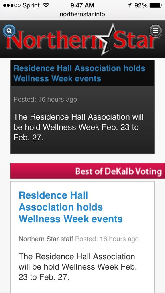 RHA_NIU's tweet photo. We have made it onto the front page of the http://t.co/51BC0SJDtC website for #WellnessWeek http://t.co/ZHLmKESnBV
