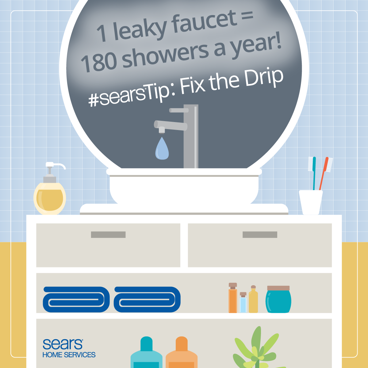 SearsHomeExpert's tweet photo. 1 leaky faucet = 180 showers/year! #Fixthedrip and #gogreenin2015 with these tips: http://t.co/G6CU7fOfJy #SearsTip http://t.co/HoGoDyfxDT