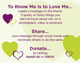 RettUK's tweet photo. Taken the challenge yet? Support @RettUK #Rettsyndrome #ToKnowMe Share 3 quirky things about yourself. Facebook fun! http://t.co/cKb9586AVB