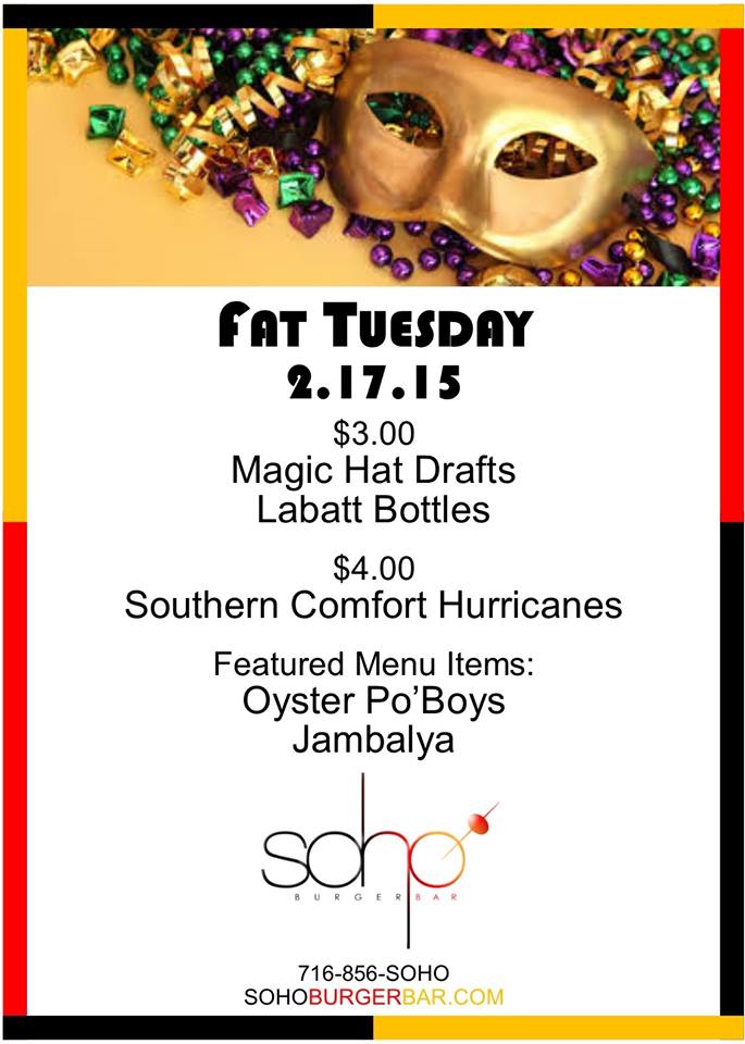 BfloTheatreDis's tweet photo. #MARDIGRAS Throw on beads &amp; get to @SoHoBurgerBar1 64 W. Chippewa St. for jambalaya, oyster po' boys &amp; drink specials http://t.co/PqcSV73uEo