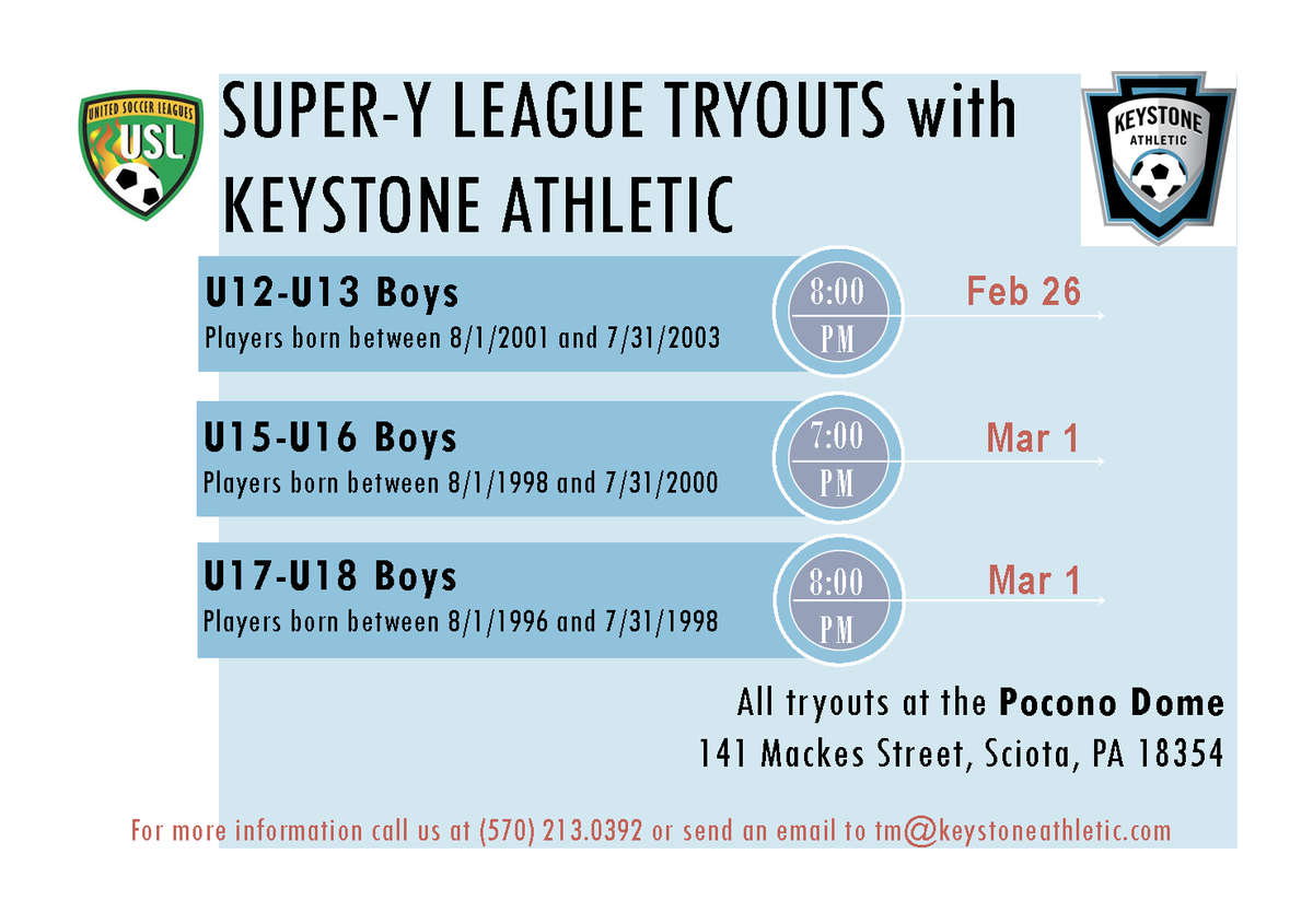 kstoneathletic's tweet photo. Super Y League tryouts at Keystone Athletic. Multiple age groups. Super Y is a competitive summer league. #besuper http://t.co/LnvHdT6LsG