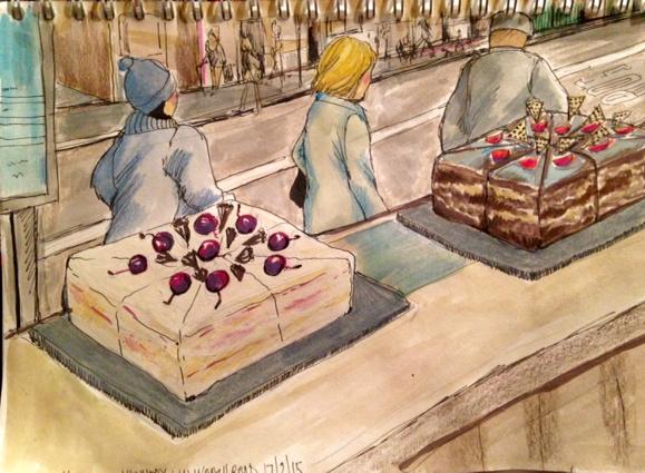 French cakes in Kennedys window <a href="/305Kennedy/">Kennedy</a> <a href="/urbansketchers/">urbansketchers</a>  <a href="/Londonist/">Londonist</a> <a href="/Transpontine/">Transpontine</a> #cakes #dietfood #gouache #ink