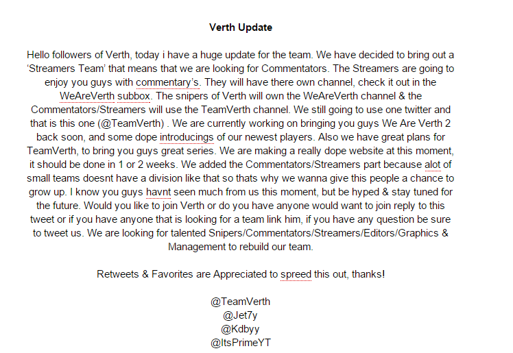 TeamVerth's tweet image. Verth Update (READ)