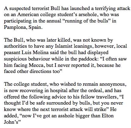 Bull Declares Jihad on American’s Arsehole