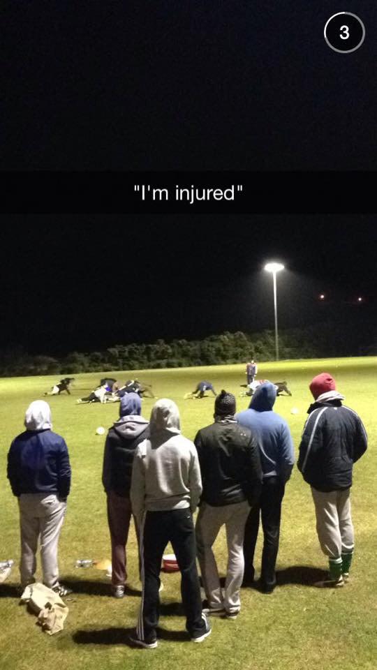 PunditArena's tweet photo. The lads look on as their teammates are put through the tough preseason regime! Nicely timed injuries #summerplayers http://t.co/7Aae8RlAiF