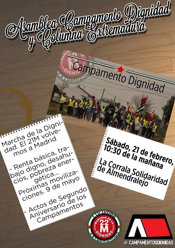 CampaDignidadBa's tweet photo. Este Sábado #21F Asamblea regional de los Camp. y de la Columna Extremadura en la Corrala de Almendralejo @Marchas22M http://t.co/N08ZR1lErO
