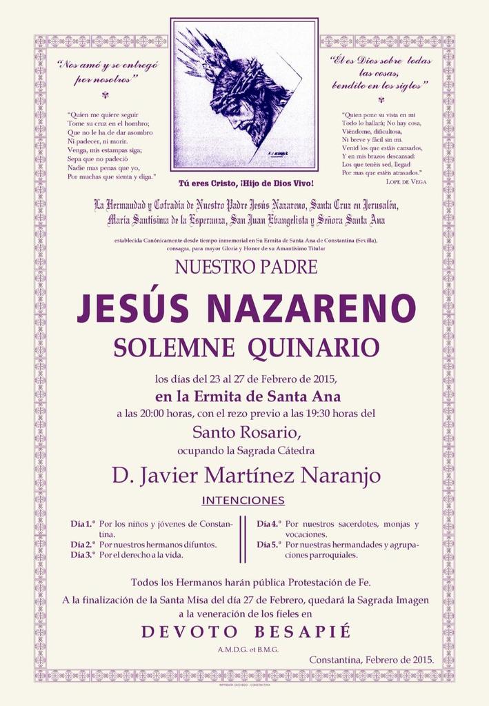 JJCCNtroPadrJes's tweet photo. La semana que viene se celebrará el solemne quinario en honor a Nuestro Padre Jesús Nazareno. http://t.co/260x8VDI5z