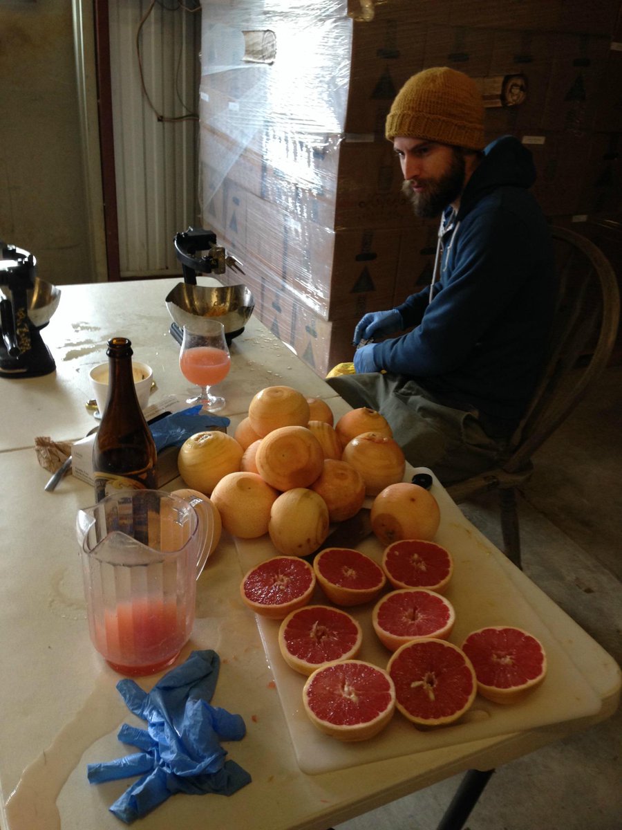 jesterkingbeer's tweet image. Doing a little departure from tradition tonight. Running the wort through fresh grapefruit zest into the coolship.