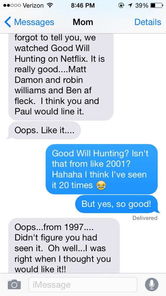 hilaryjco's tweet image. I owe my mom for the laugh tonight. 😂😂😂 #goodwillhunting #alreadyseenit #loveher
