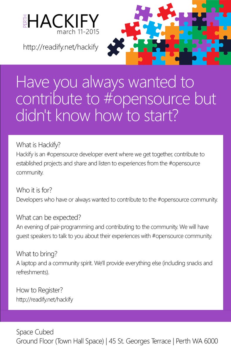 hackifyANZ's tweet photo. What is Hackify? #opensource #community #pairprogramming #Perth visit http://t.co/hubiW2SdQ3 http://t.co/BY8Krdula3