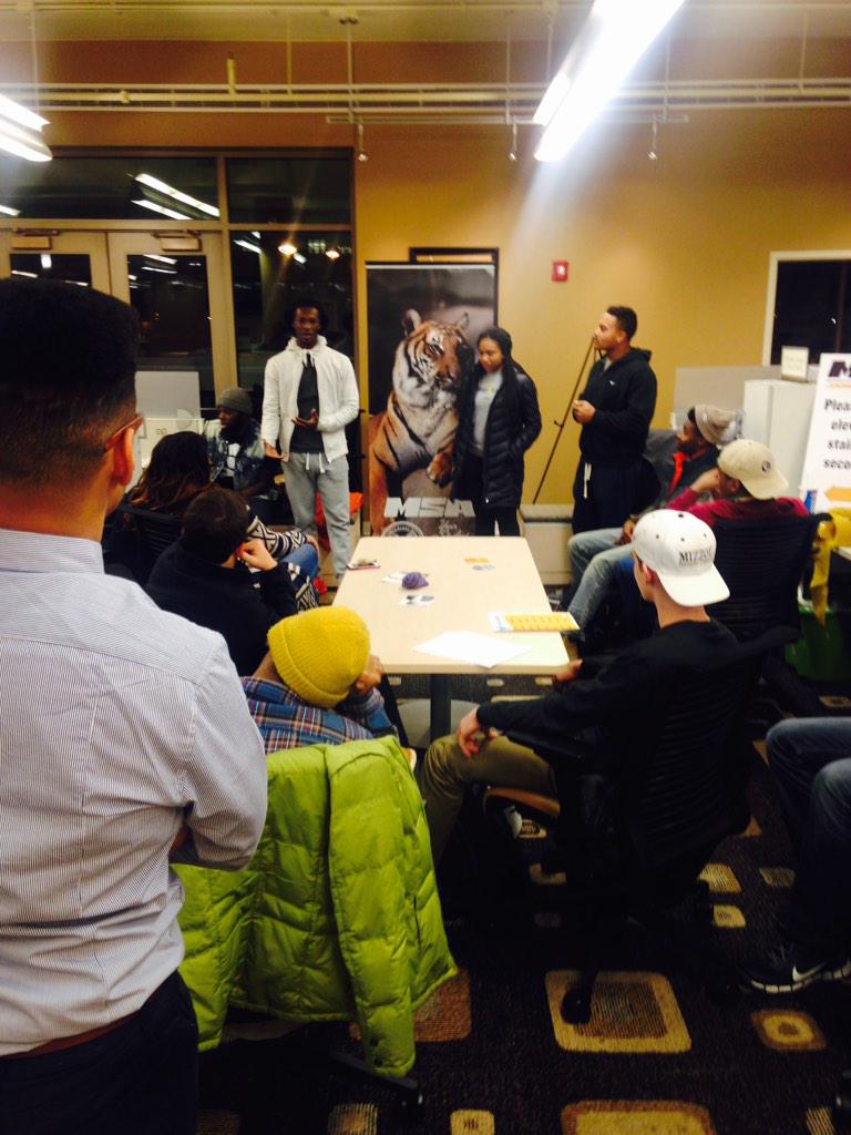 MSAPresident's tweet photo. Our ambassadors, The Pride of @MSAmizzou are working hard tonight! #truth #ignitemizzou http://t.co/lvU27yhj6D