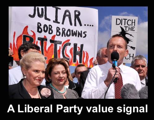 Archies_Human's tweet photo. The Liberals gave us a very clear #ValueSignal in the past - and we elected them anyway! http://t.co/yuy2H9iCID