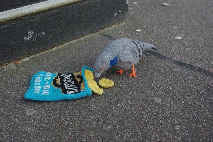 When your mum sends you a pic of a knitted pigeon eating a knitted bag of crisps