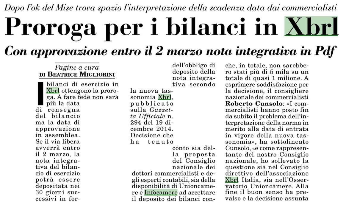Oggi su <a href="/ItaliaOggi/">ItaliaOggi</a> "Proroga per i #bilanci in #Xbrl" <a href="/unioncamere/">Unioncamere</a> <a href="/MinSviluppo/">MinSviluppo</a>