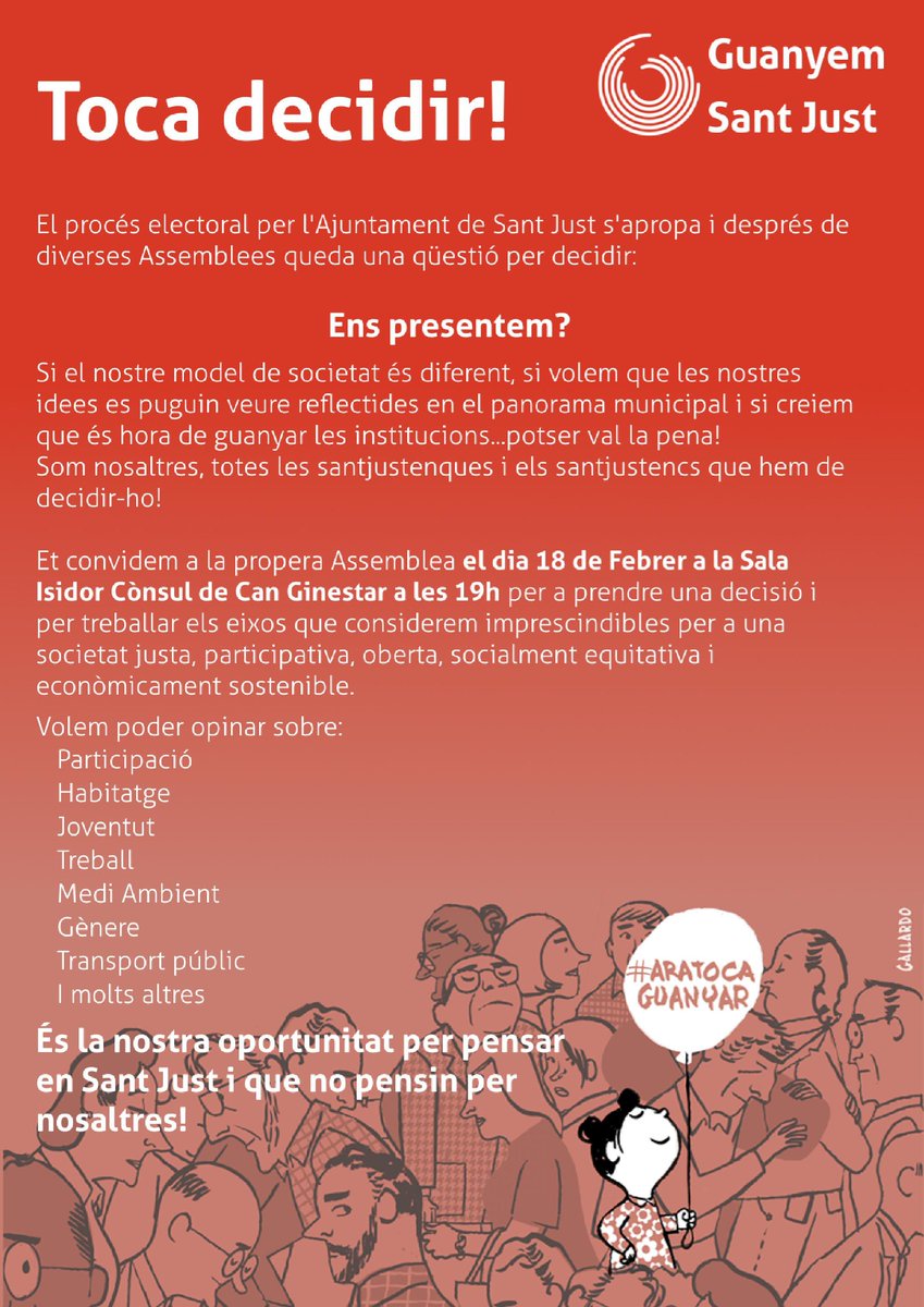 GuanyemSJ's tweet photo. La política o la fas o te la fan. Avui assemblea @GuanyemSJ 19h Cangi. Ens presentem a les municipals #santjust ? http://t.co/7LL1xe1f7J
